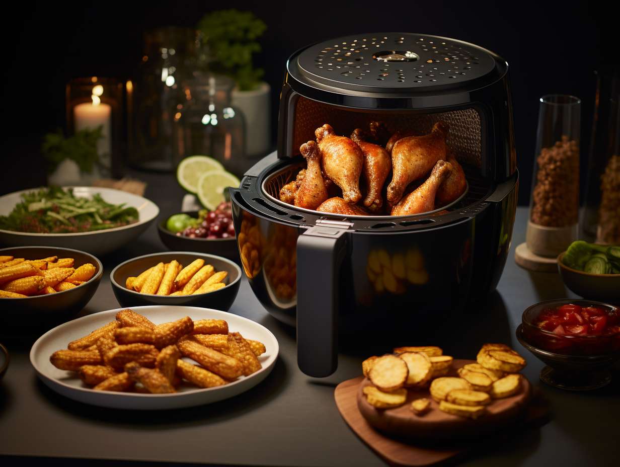 A diverse range of ingredients including crispy fries roasted vegetables juicy chicken and decadent desserts cooked to perfection in an air fryer and halogen oven