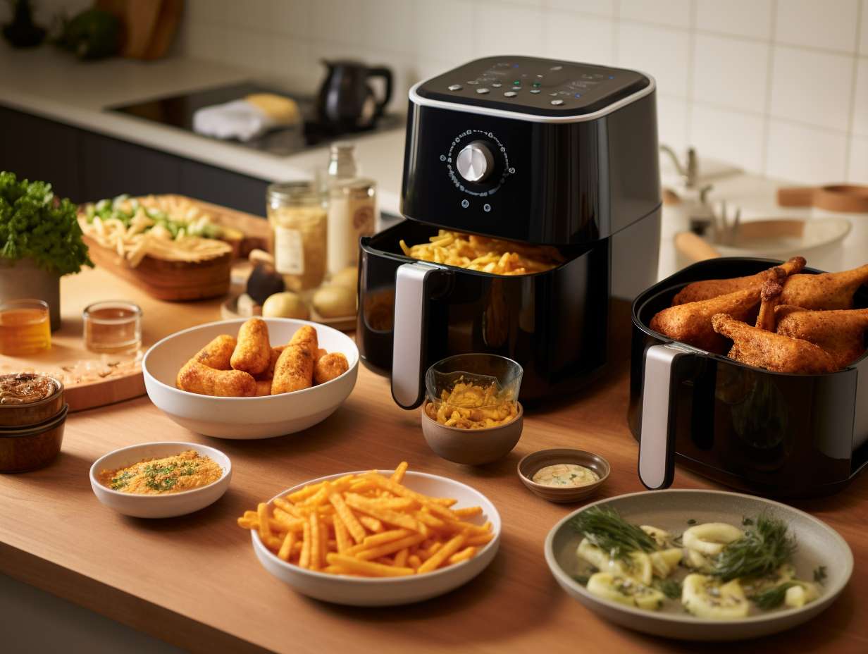 A variety of air fryers of different sizes, from compact countertop models to larger capacity ones, with examples of food being cooked in each.