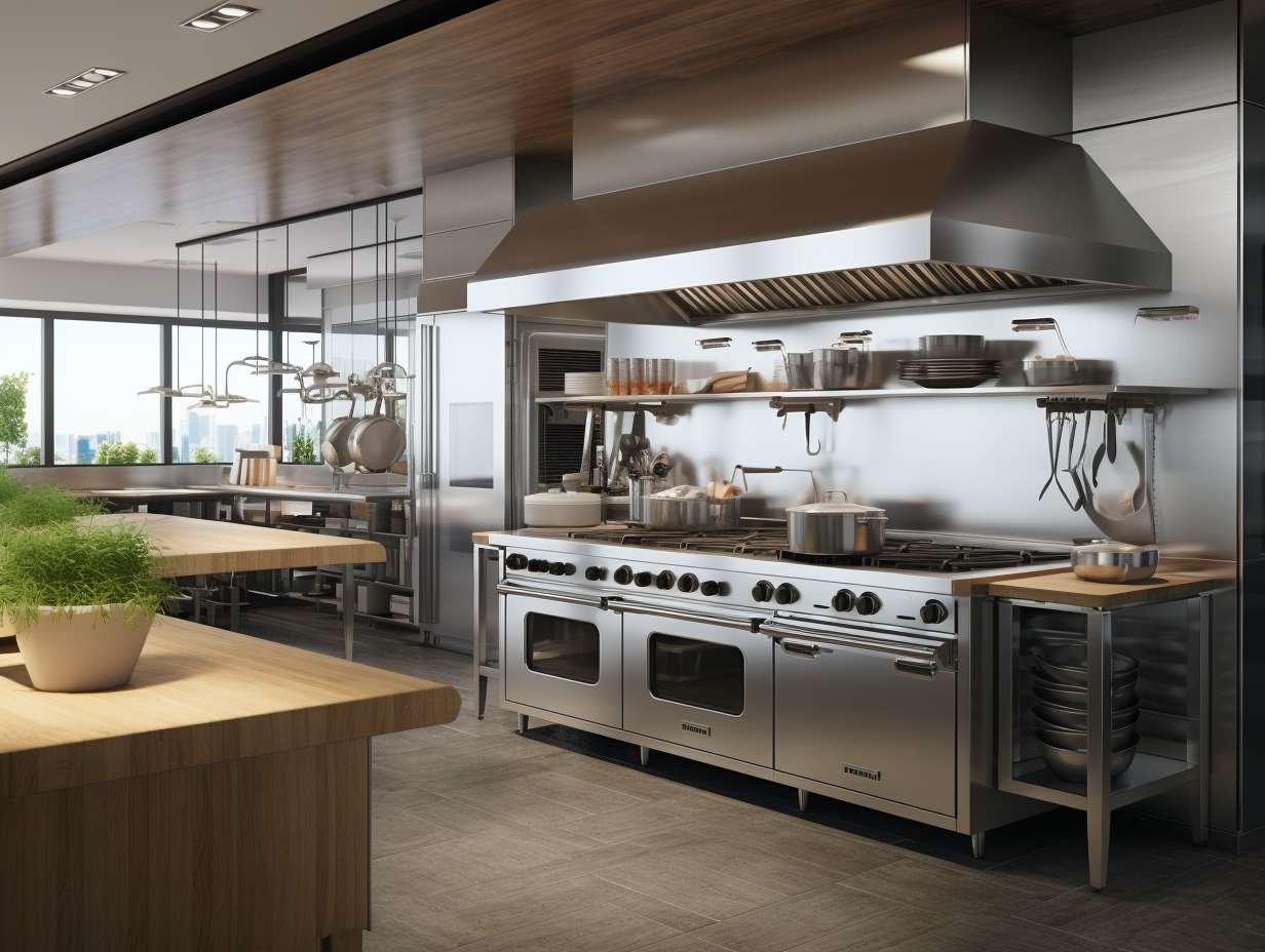 A spacious commercial kitchen with a sleek stainless steel extralarge air fryer as the focal point surrounded by an array of fresh ingredients and professional cookware