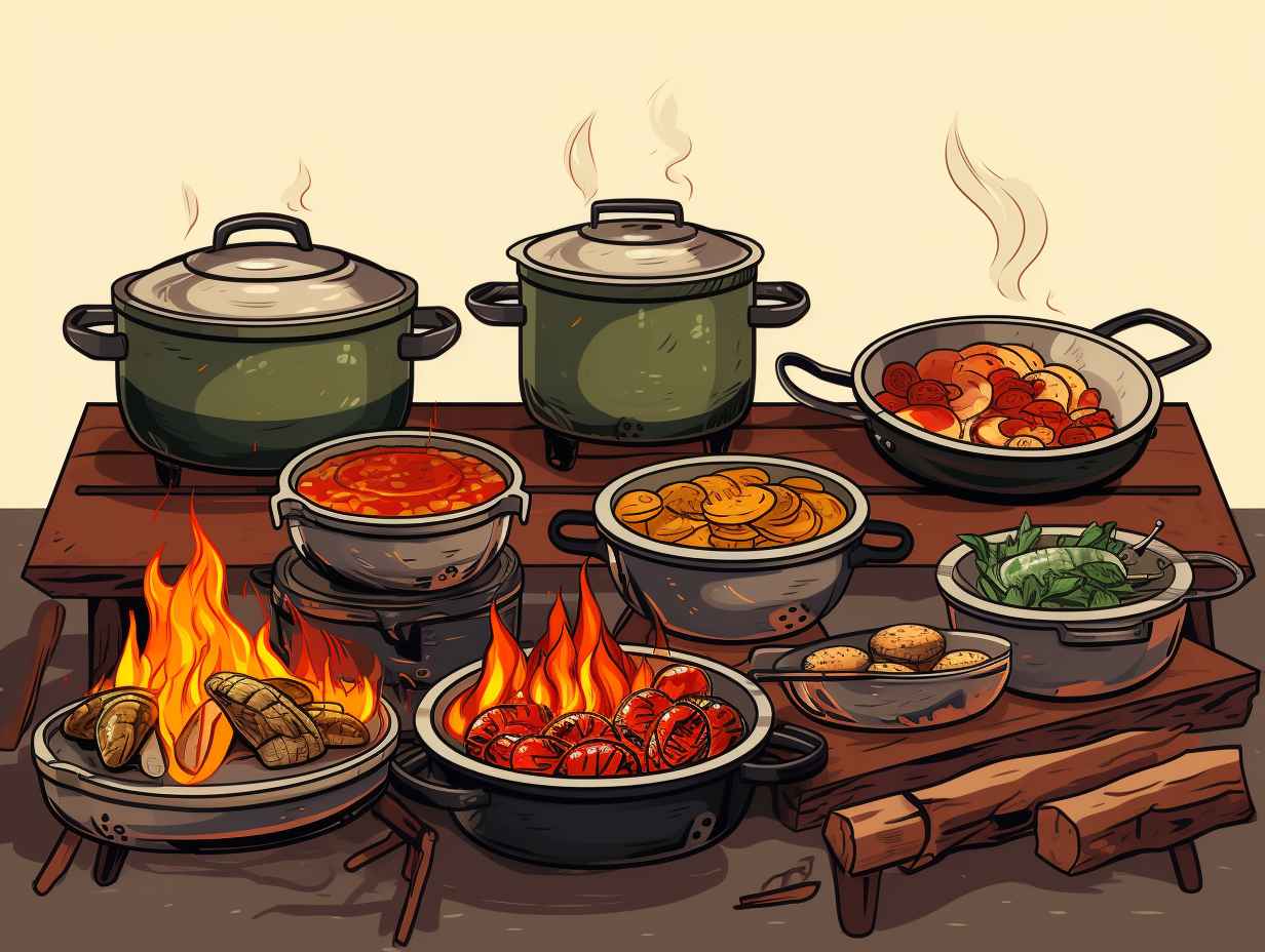 A variety of camp ovens of different sizes filled with delicious dishes cooking over a campfire