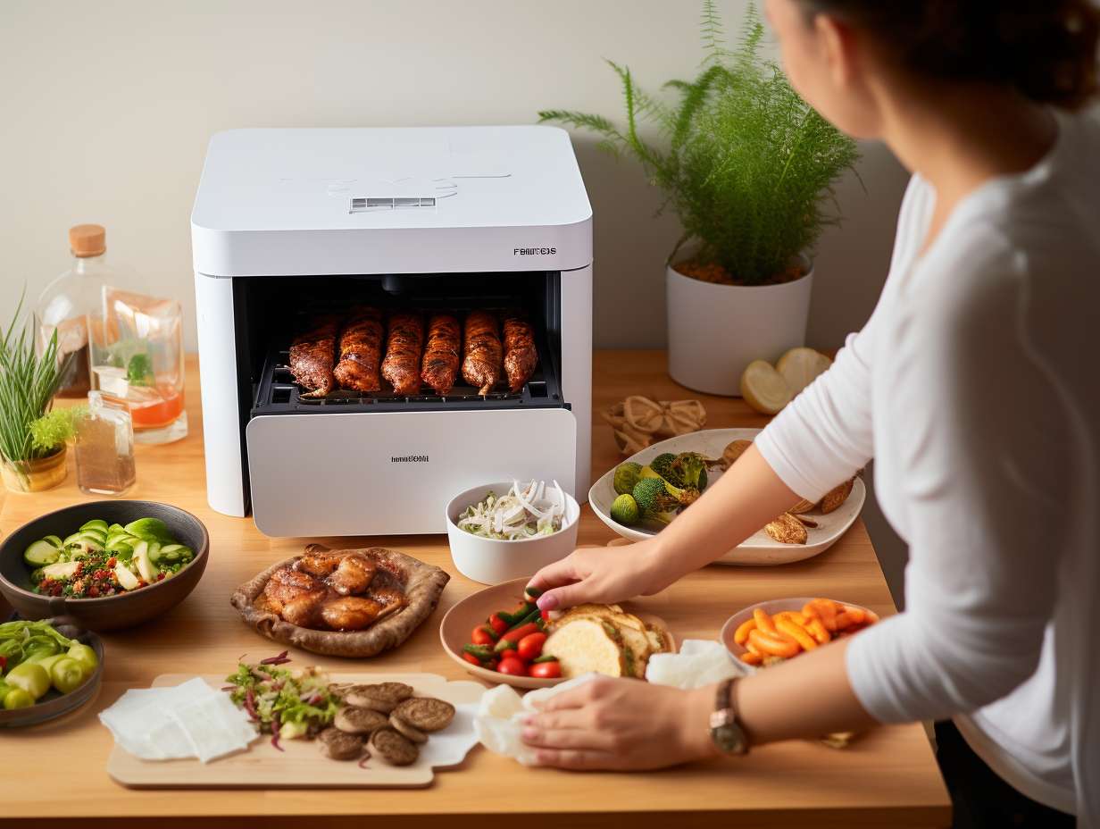 Person unboxing a new air fryer, discovering accessories and fresh ingredients