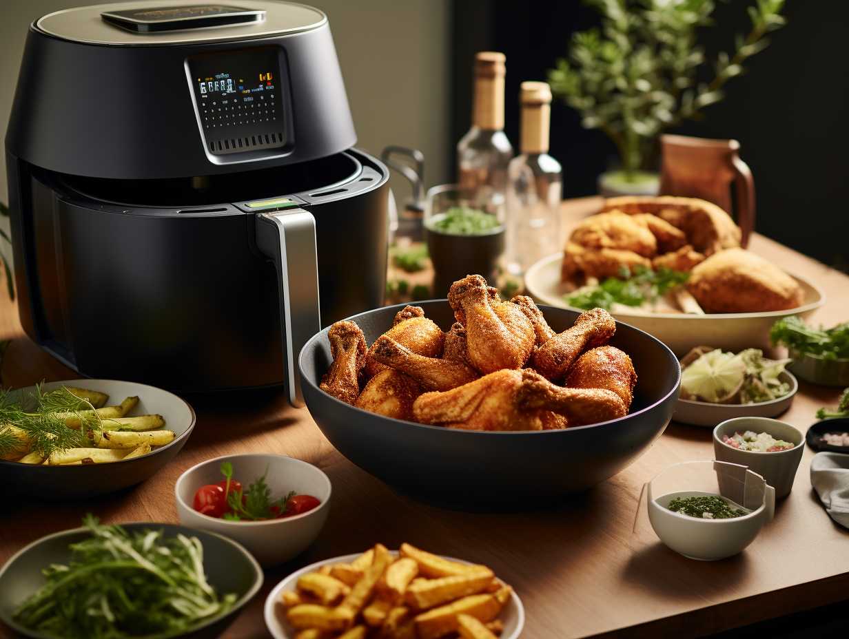 A variety of fresh ingredients including crispy golden fries, succulent chicken wings, and caramelized vegetables cooked to perfection in an air fryer.