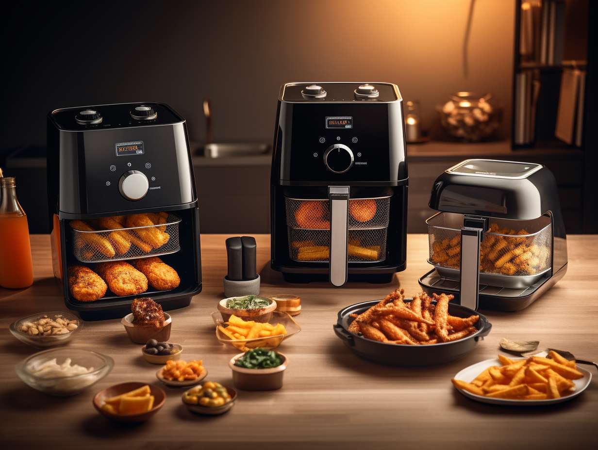 A comparison of different types of air fryers showcasing their sizes capacities and features with various food items being cooked to perfection inside the fryer baskets