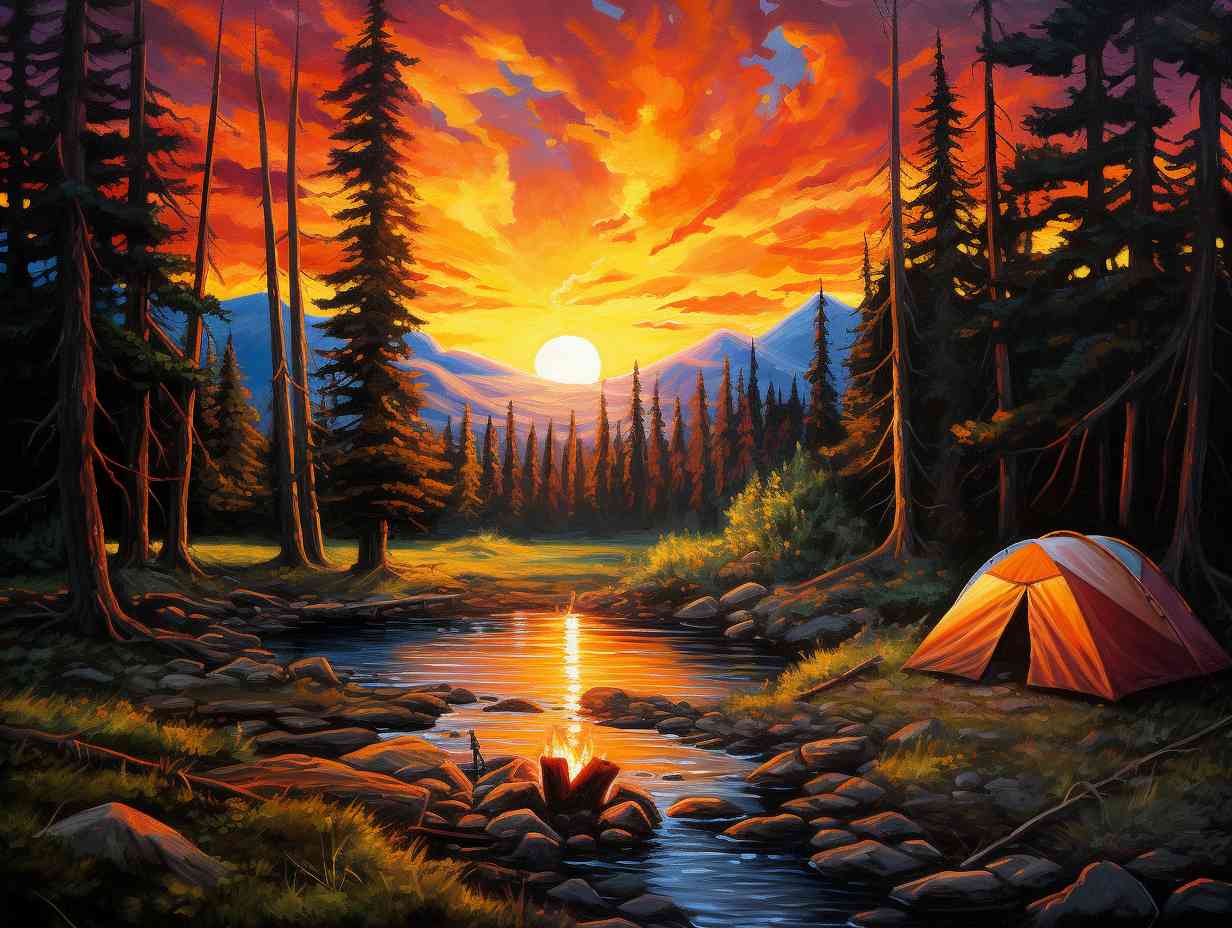 A vibrant sunset casting warm hues over a lush forested landscape with a cozy campfire crackling beside a tent