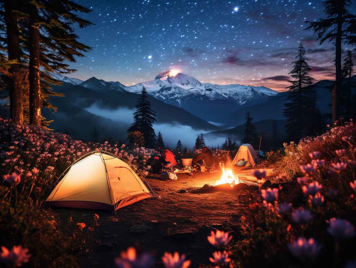 Enchanting transition from winter to spring at a state park campground with vibrant wildflowers blooming amidst snowcapped mountains and campers gathering around a bonfire under a starry sky