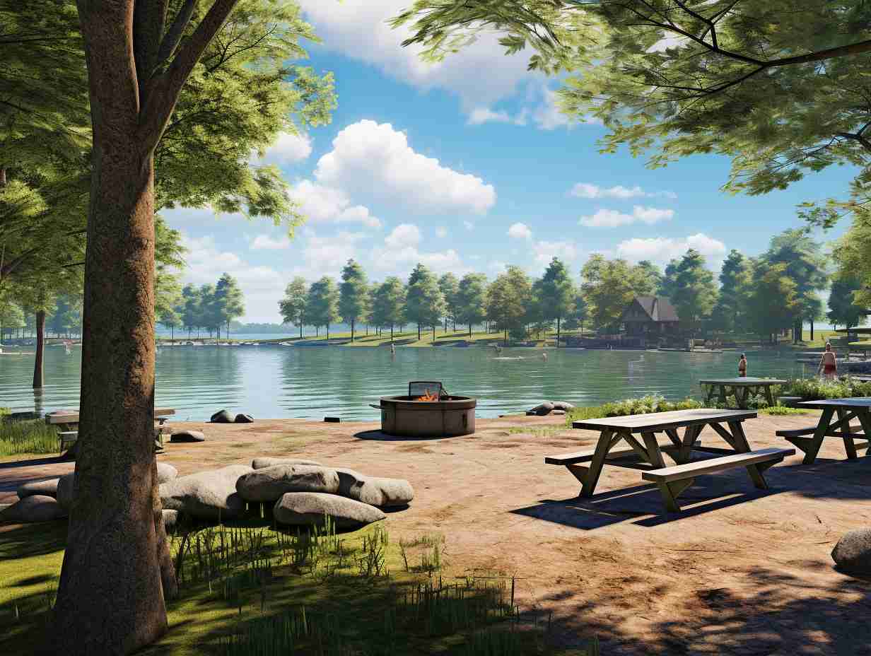 An array of campground amenities at Farragut State Park including picnic areas fire pits restrooms hiking trails and a serene lake for fishing and boating