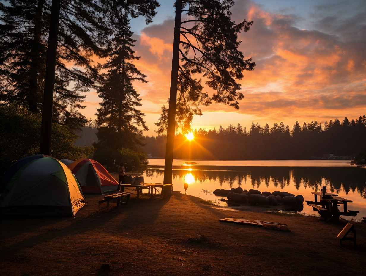 Sunrise at Farragut State Park riverside campground with tents pitched and campfires smoldering