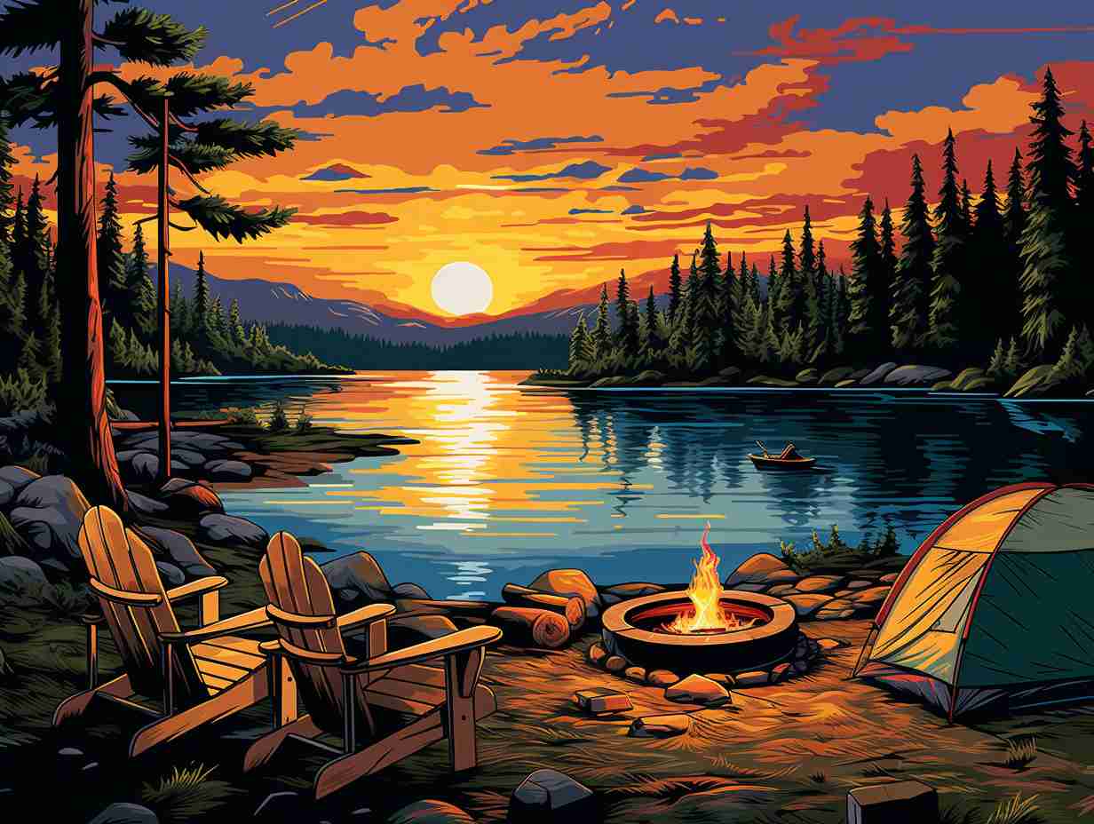 Family roasting marshmallows over a campfire at a serene lake surrounded by towering pine trees