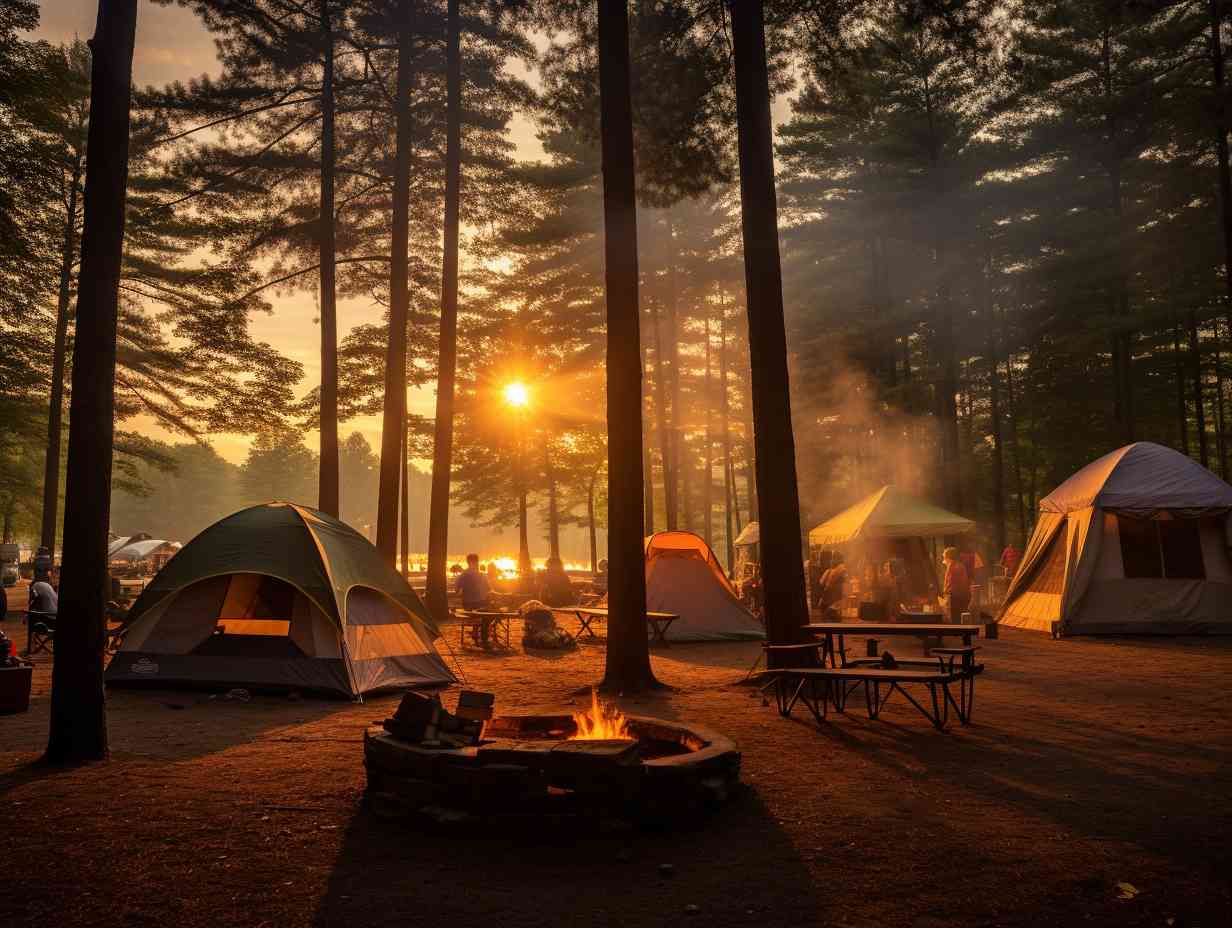 Tranquil early morning scene at Nickerson State Parks campground with dewkissed tents and campers gathered around a campfire