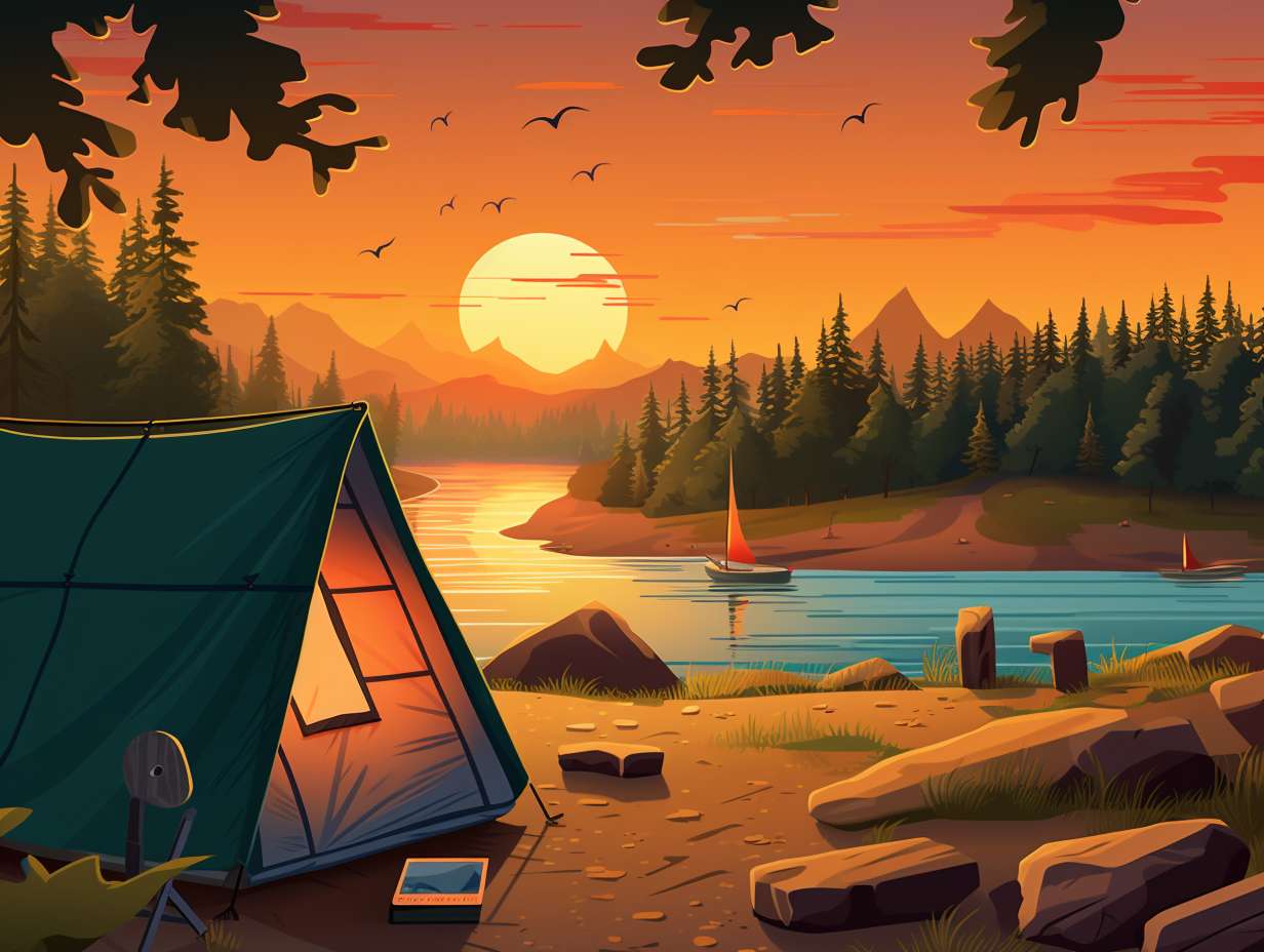 Sunset backdrop with calendar icon marked on September 1st surrounded by camping gear indicating the anticipation of Nickerson State Parks opening for camping