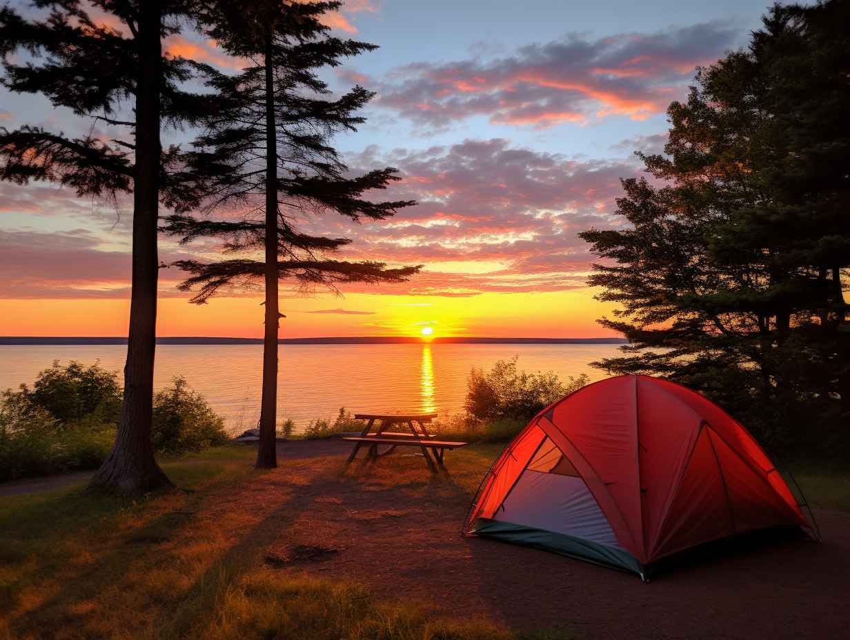 Serene sunrise scene at Nickerson State Park with tent and campfire in foreground