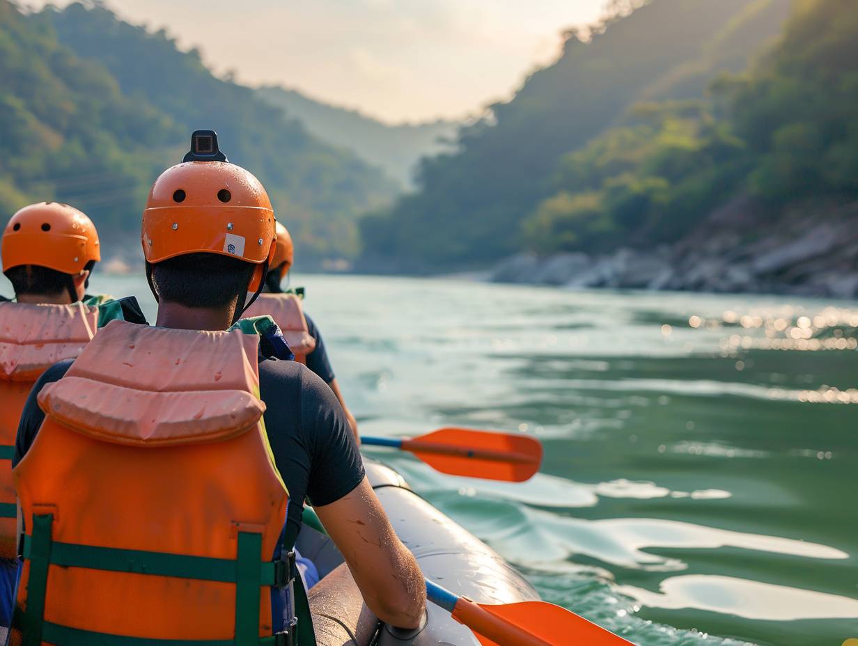 Group of people rafting down the Ganges River in Rishikesh