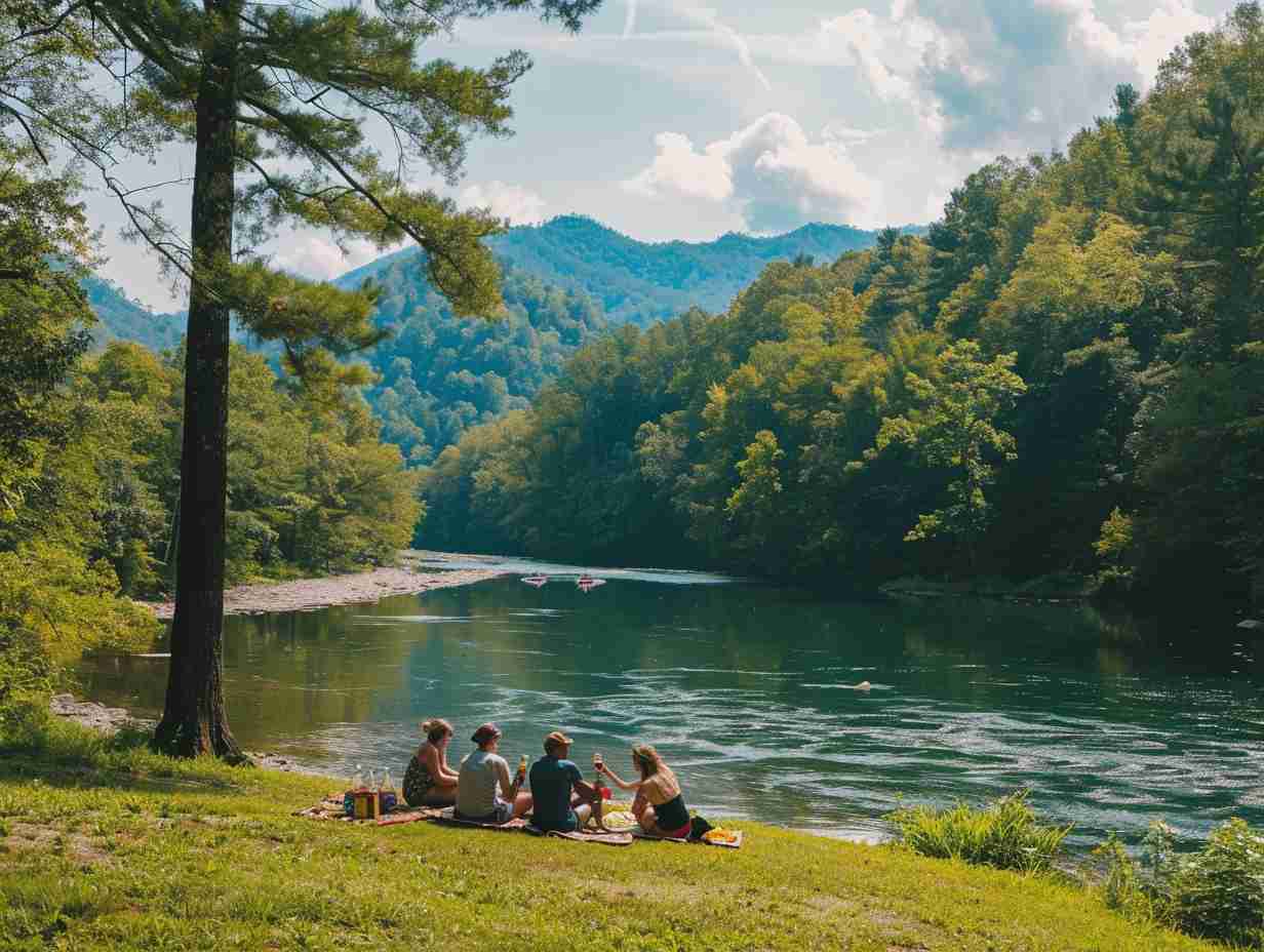 Group of friends enjoying a peaceful picnic by a serene riverbank surrounded by lush green trees and mountains in the background after a thrilling white water rafting adventure in Gatlinburg