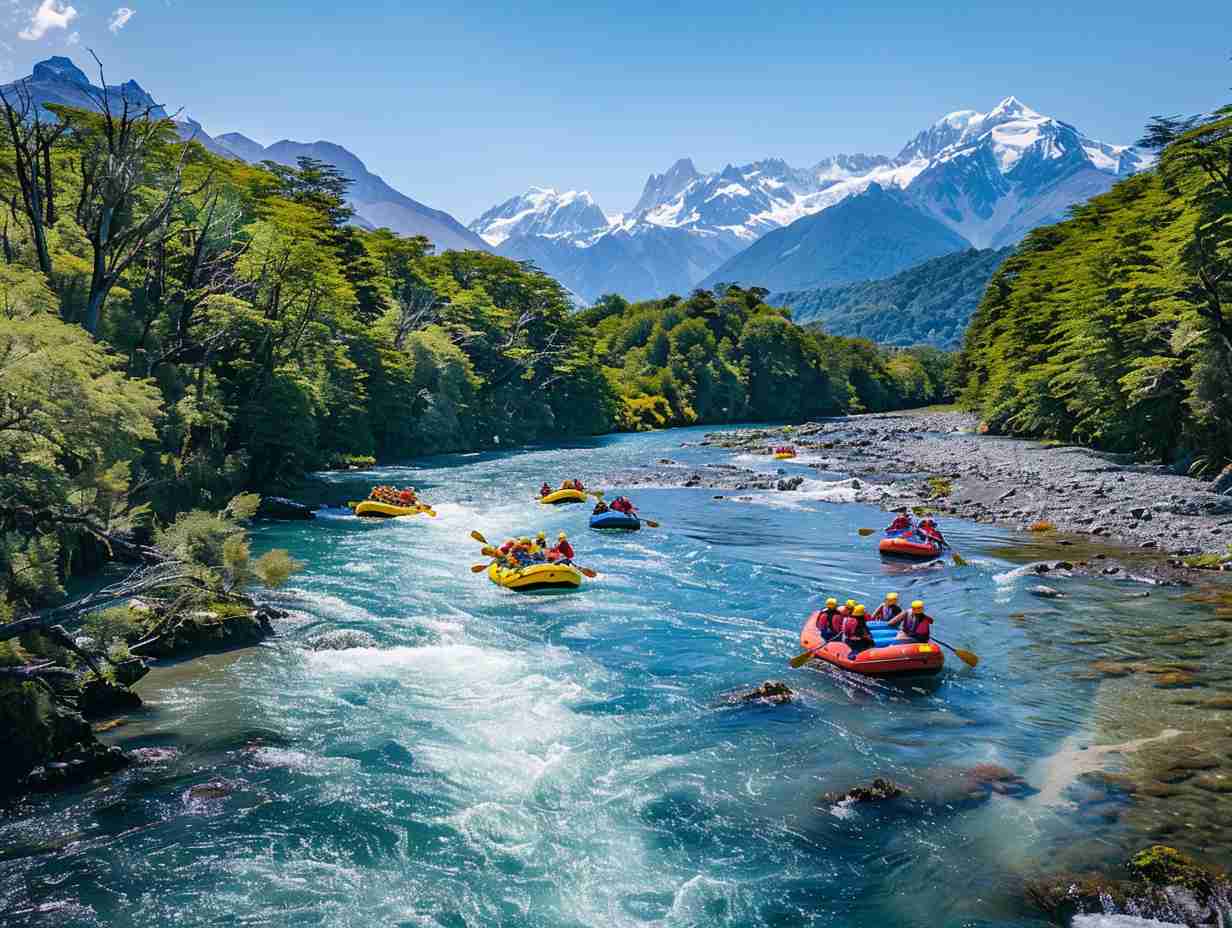 Group of people in brightly colored rafts navigating the intense rapids of the crystal clear Futaleuf River in Chile surrounded by lush green forests and towering snowcapped mountains