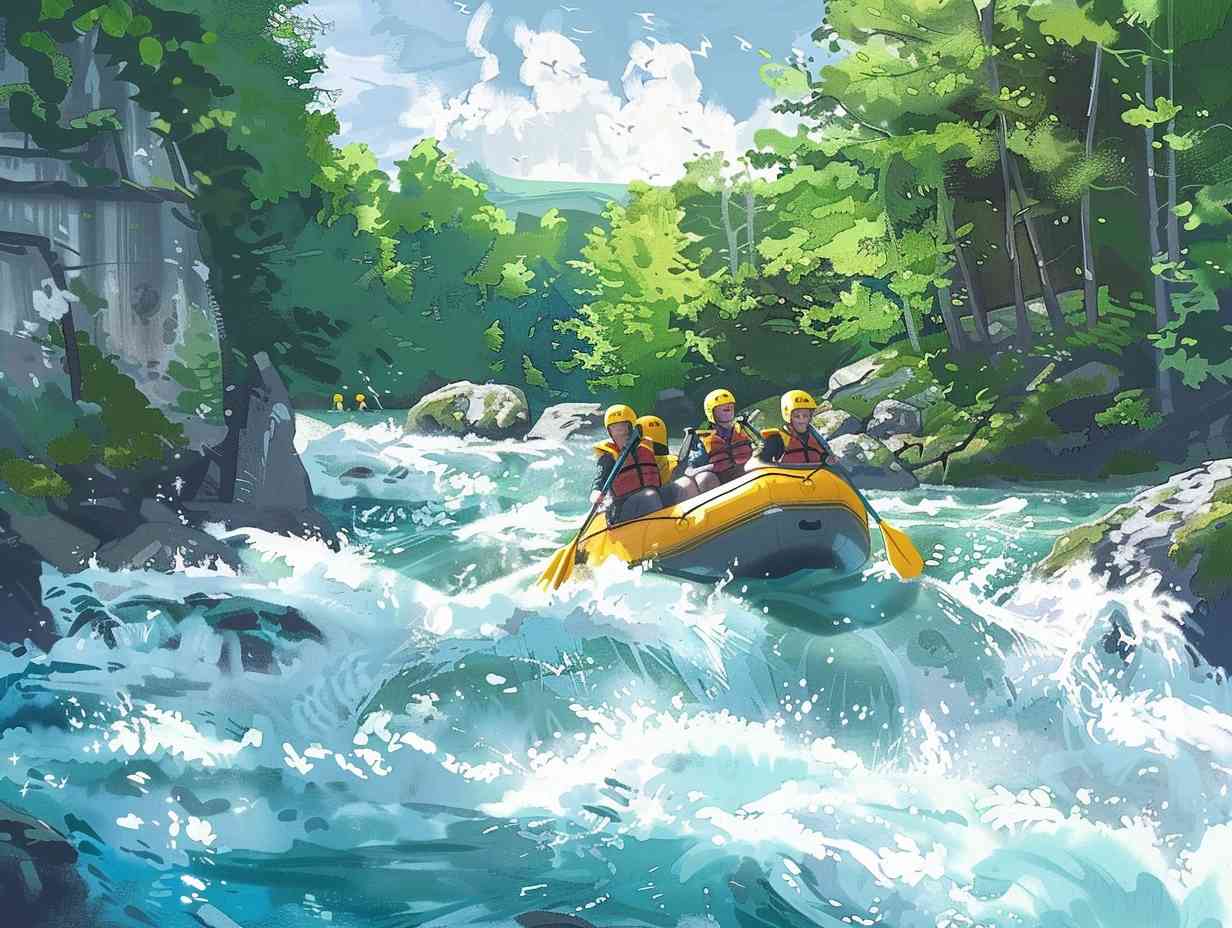 Group of people wearing helmets and life jackets navigating a rushing river filled with white water rapids surrounded by lush green forests and rocky cliffs.