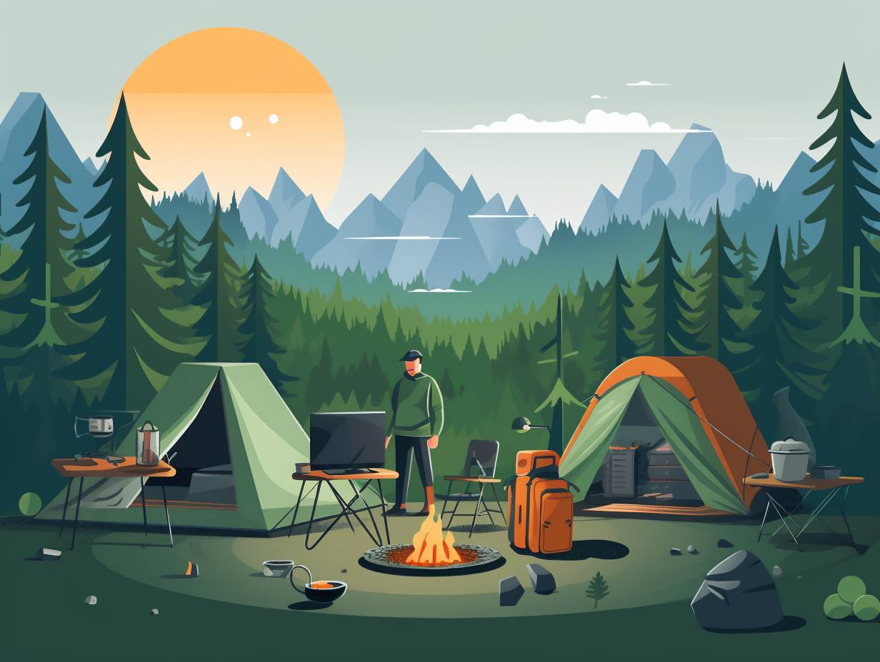 A diverse group of campers gathering virtually to exchange sleeping bags tents and cooking equipment on a vibrant online camping gear donation platform