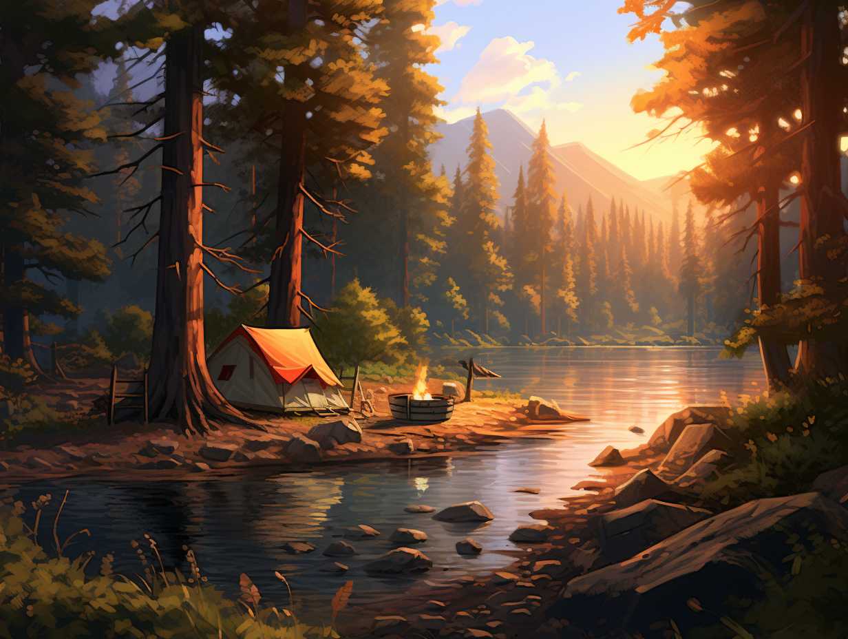 A serene forest with towering evergreen trees, dappled sunlight filtering through the branches, a babbling brook, and a cozy campsite nestled by the waters edge.