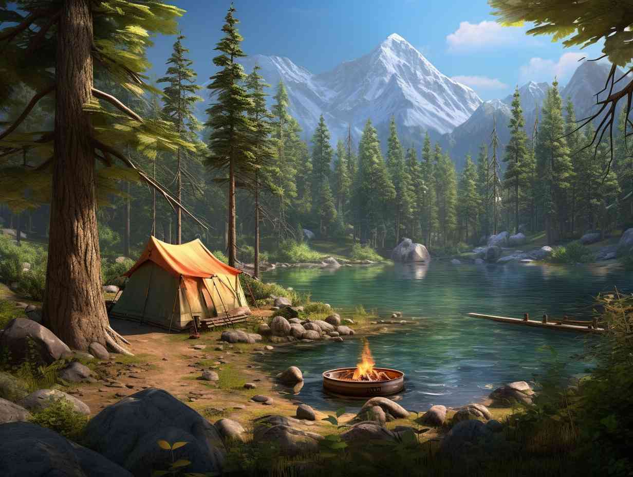 Secluded campsite nestled in towering pine trees with a glistening river evoking a sense of adventure and freedom