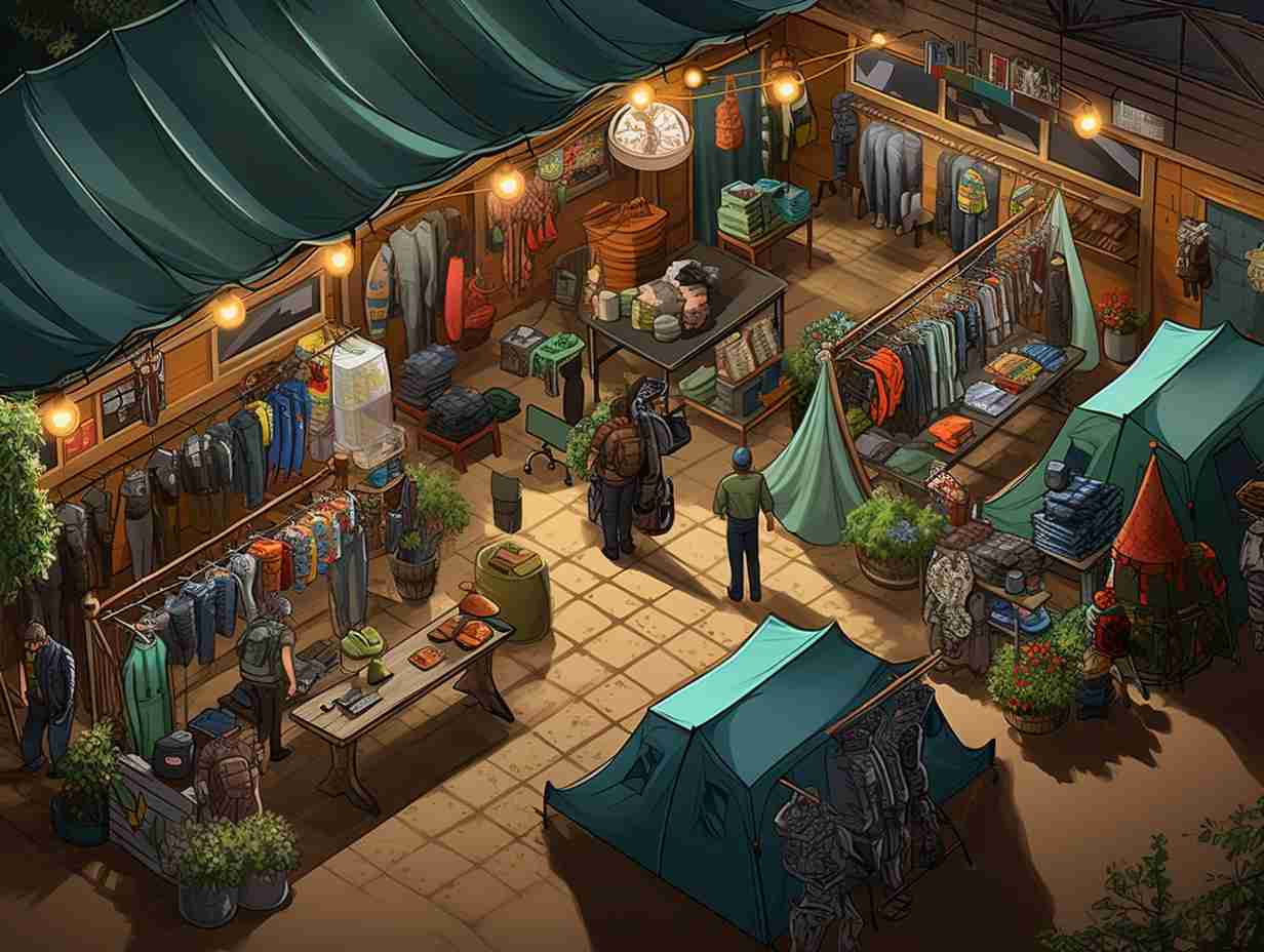 A bustling consignment shop specializing in camping gear with racks filled with tents sleeping bags and backpacks and customers browsing the aisles while friendly staff assist with sales transactions