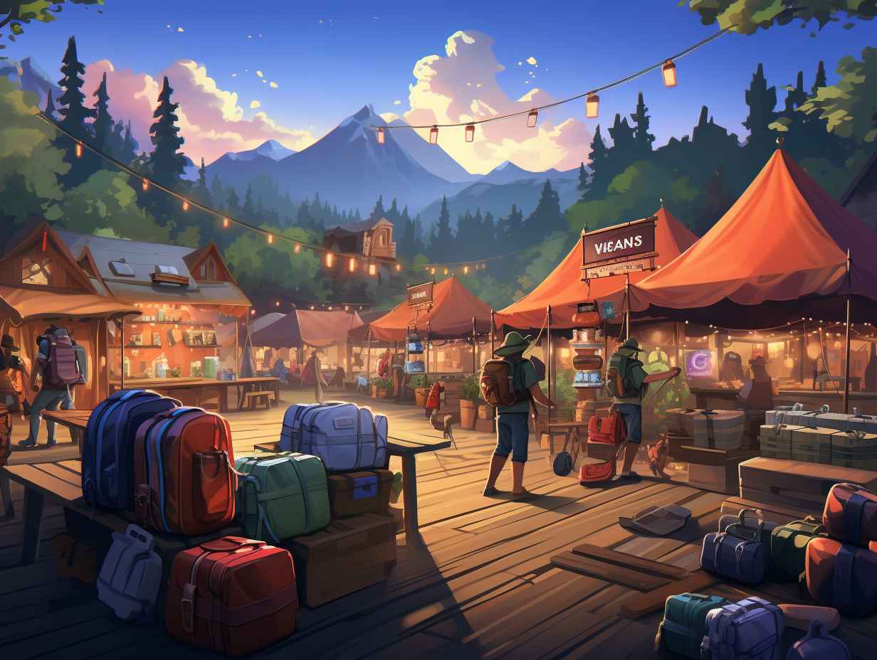 A bustling virtual marketplace with vibrant social media icons floating above a diverse array of camping gear Individuals are engaging in transactions exchanging tents backpacks and cooking equipment emphasizing the convenience and community of online buyselltrade groups