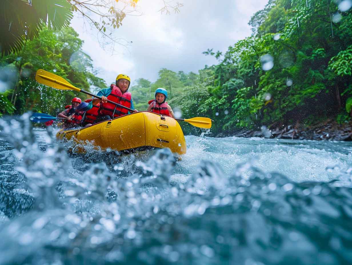 Group of people in colorful life jackets and helmets navigating through turbulent rapids surrounded by lush rainforest in Costa Rica