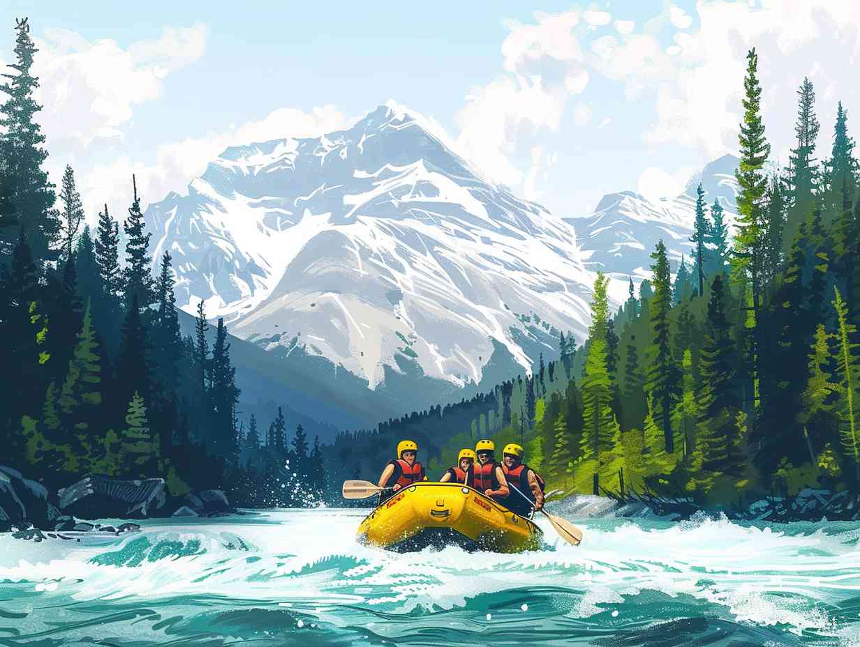 Group of people navigating through rough rapids surrounded by lush forests and snowcapped mountains