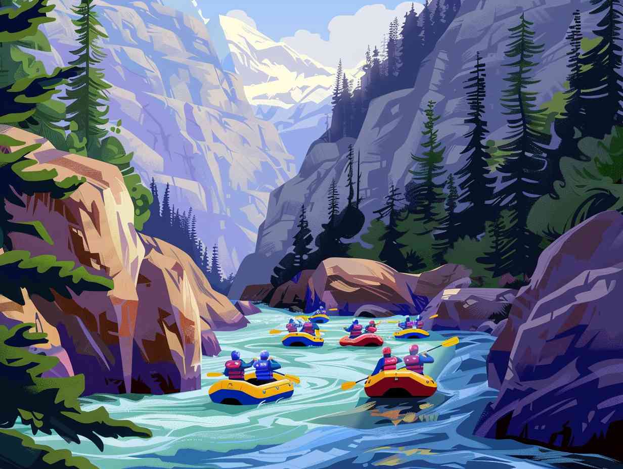 Group of people in colorful life jackets navigating through rushing rapids surrounded by towering pine trees and jagged rocks