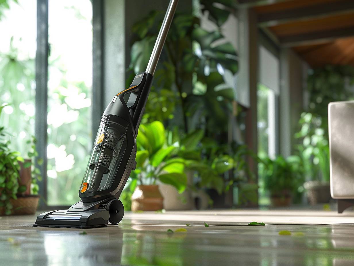 Sleek and modern vacuum cleaner with HEPA filter long power cord and adjustable height settings