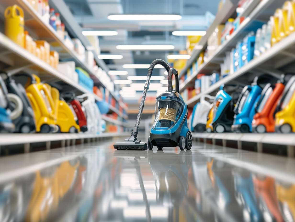 Brightly lit store aisle filled with rows of shiny, sleek Simplicity vacuum cleaners on display, surrounded by clean, organized shelves showcasing various cleaning accessories.