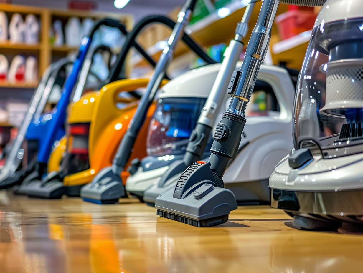 A row of vacuum cleaners displayed in a store with a prominent Simplicity vacuum in the center surrounded by less sleek and modern vacuums from other brands