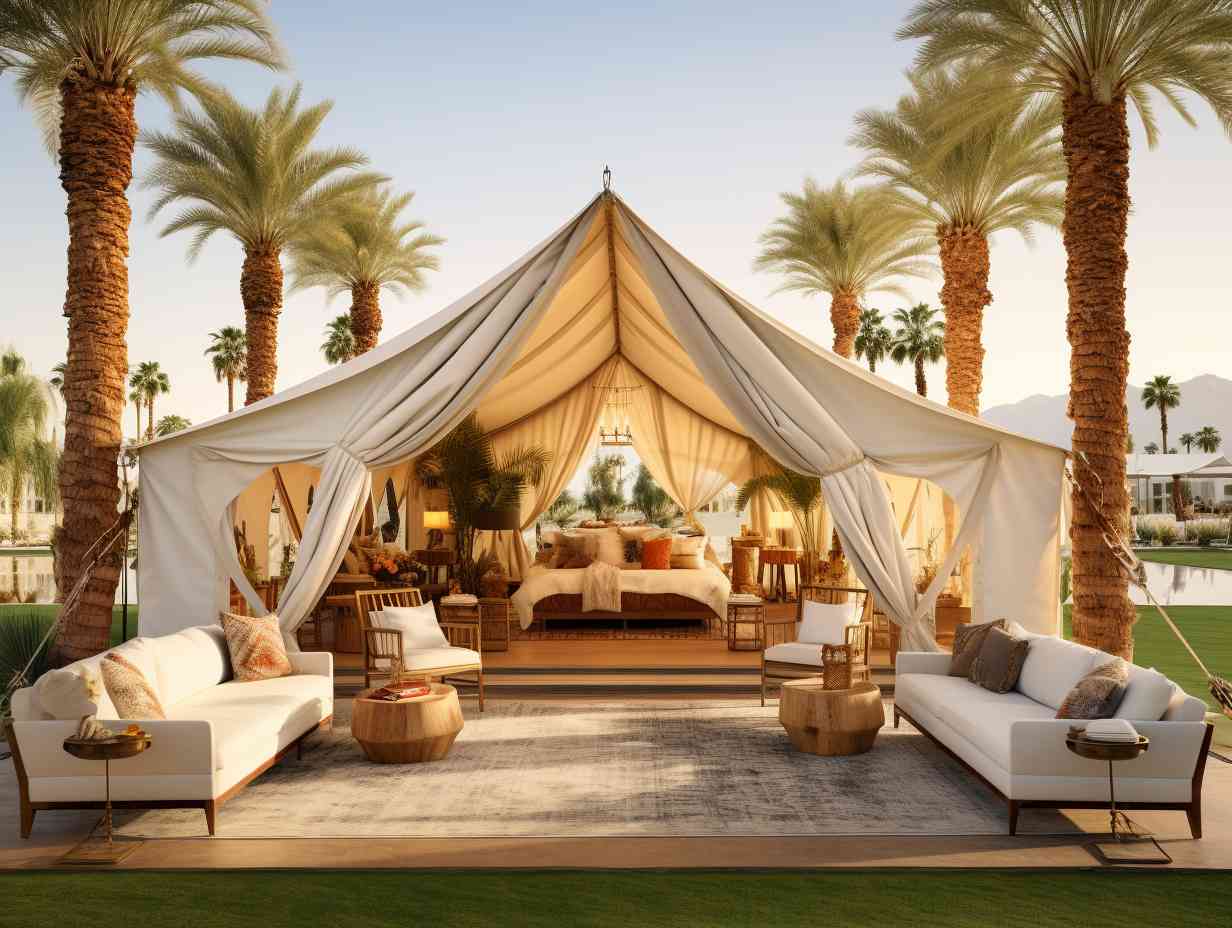 A luxurious tent with plush bedding and cozy seating nestled among palm trees and overlooking the festival grounds at Coachella