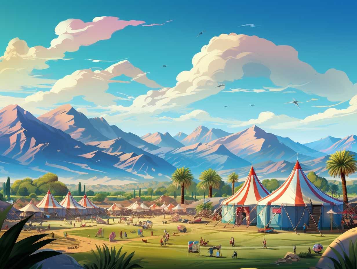 Vibrant and colorful tents set against a desert landscape with mountains in the background at Coachella Music Festival