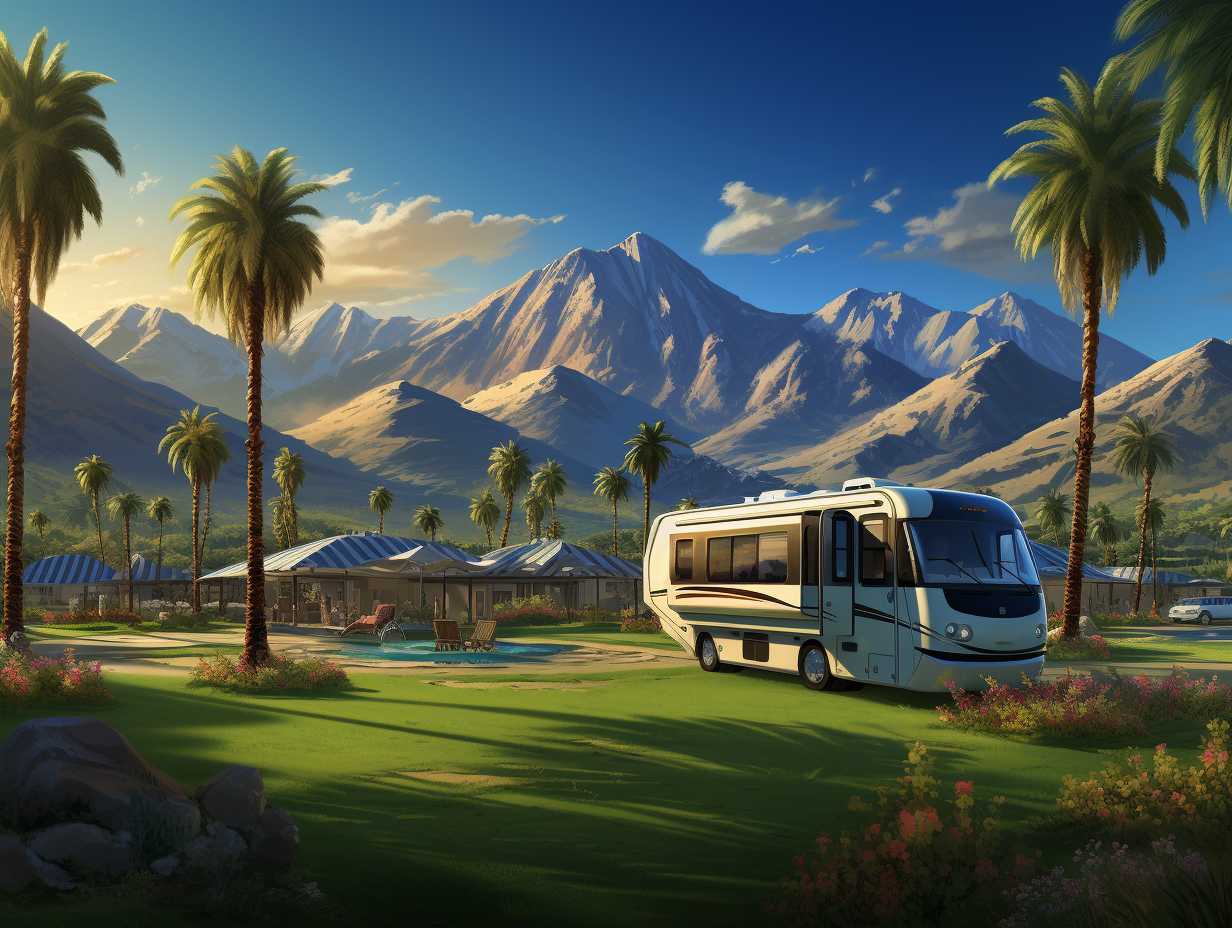 A sprawling picturesque landscape of rolling green fields surrounded by majestic mountains with campers enjoying shade from towering palm trees