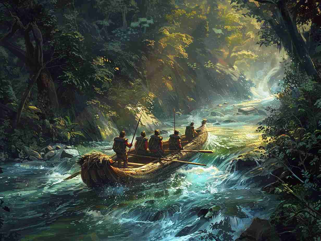 A group of people navigating a river on a wooden raft surrounded by lush greenery and flowing water.