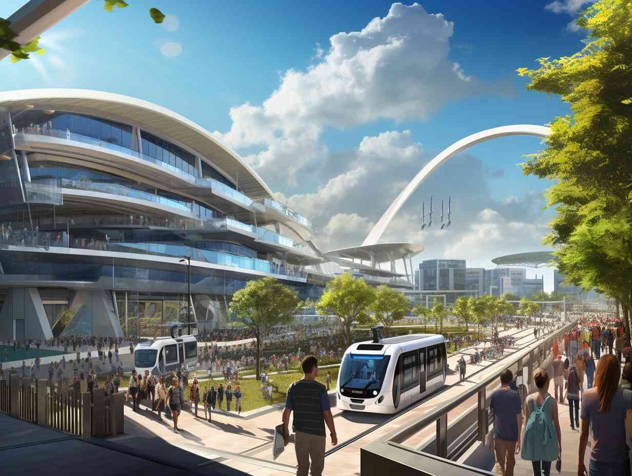 A bustling scene outside Camping World Stadium in Orlando showing a monorail shuttle buses taxis and pedestrians highlighting the convenient accessibility of the stadium