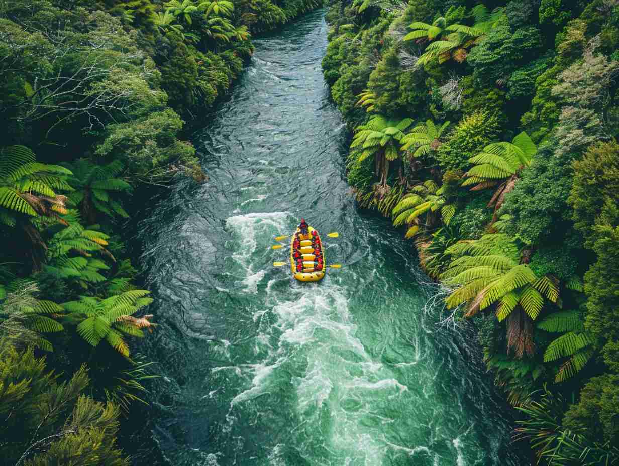 Group of people in bright colored life jackets rafting down a rushing river surrounded by lush green forests in New Zealand