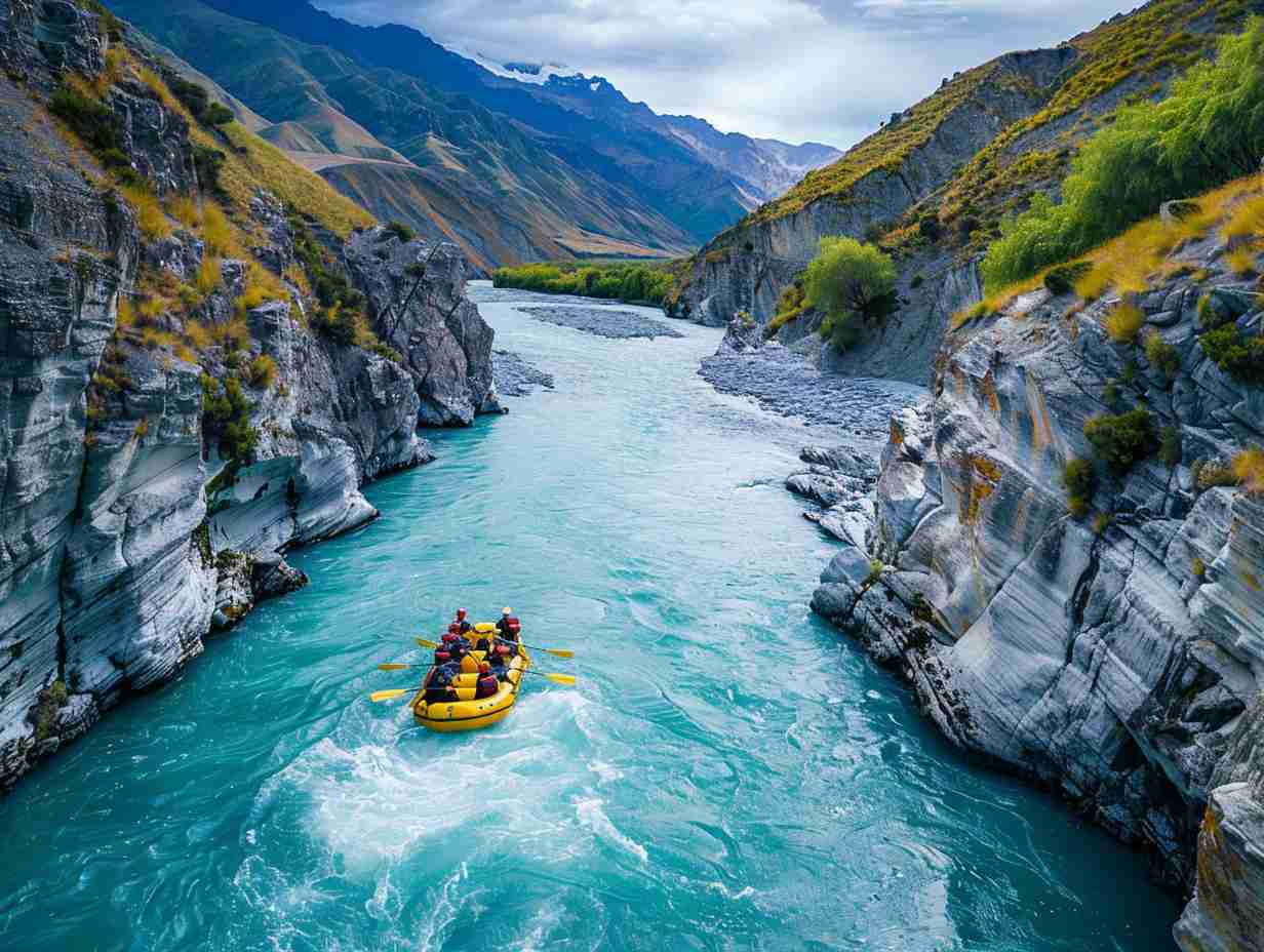 Group of rafters navigating through the rugged canyons and pristine waters of Rangitata River in New Zealands remote wilderness