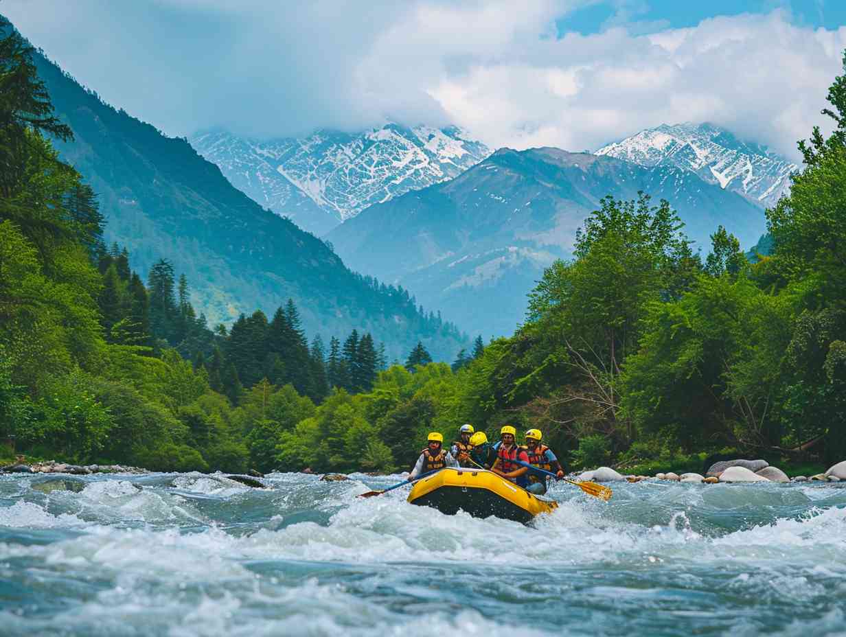 Group of people wearing helmets and life jackets navigating through turbulent white water rapids surrounded by lush green forests and snow-capped mountains in Manali.