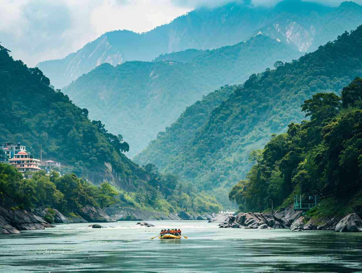 Group of rafters navigating through the exhilarating rapids of the Ganga River in Rishikesh with lush green forests and towering mountains in the background