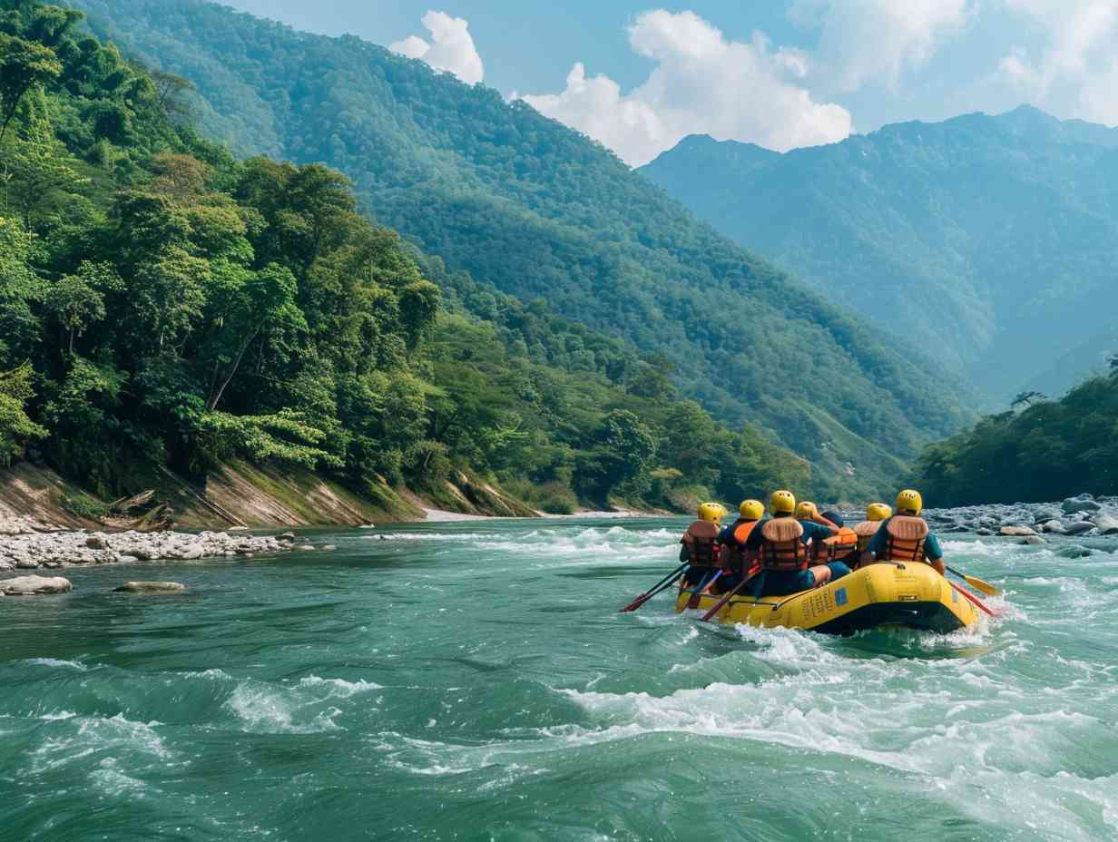 Group of people in helmets and life jackets paddling through white water rapids surrounded by lush green forests and towering Himalayan mountains in Rishikesh