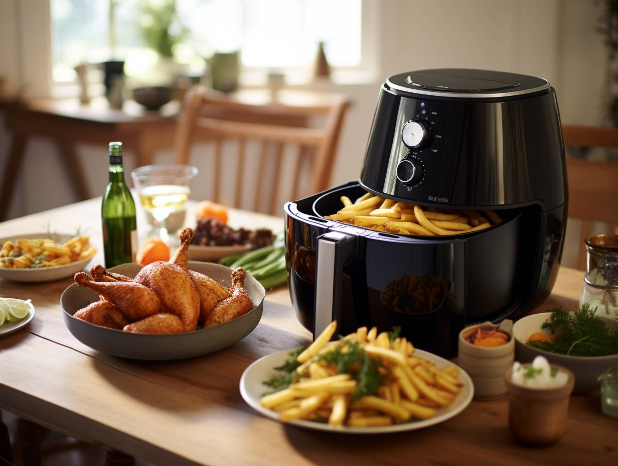 A diverse assortment of mouthwatering foods perfectly cooked and piled high within the spacious basket of Air Fryer C showcasing its suitability for large family meals