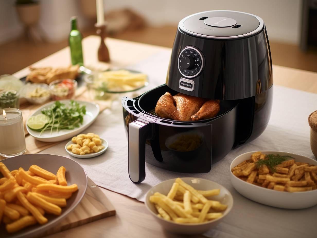 A spacious air fryer basket filled with a variety of deliciously golden foods showcasing its impressive cooking capacity