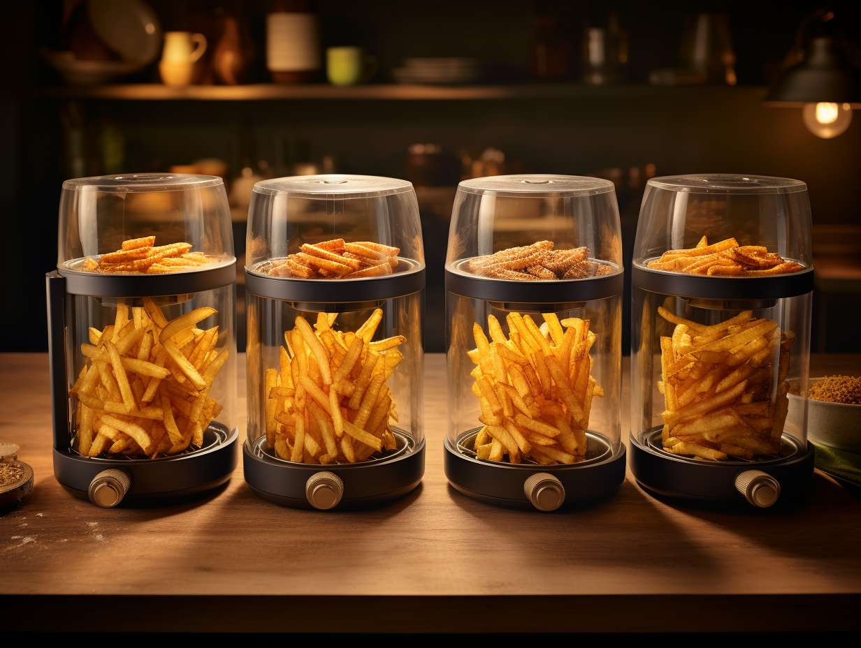 A lineup of air fryers with transparent baskets filled with golden crispy fries, showcasing differences in size and capacity.