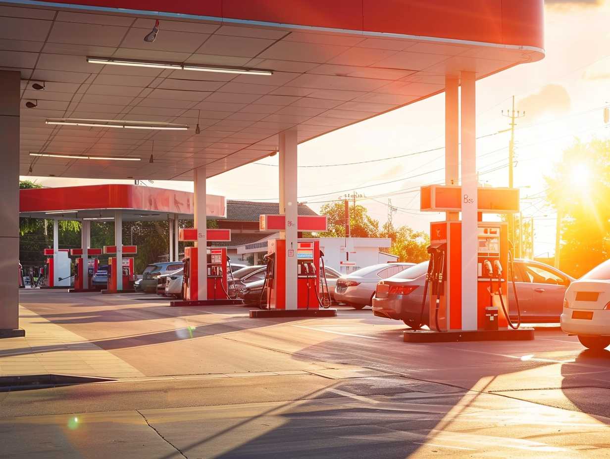 Bright red vacuum station at a gas station with clean cars and happy customers on a sunny day