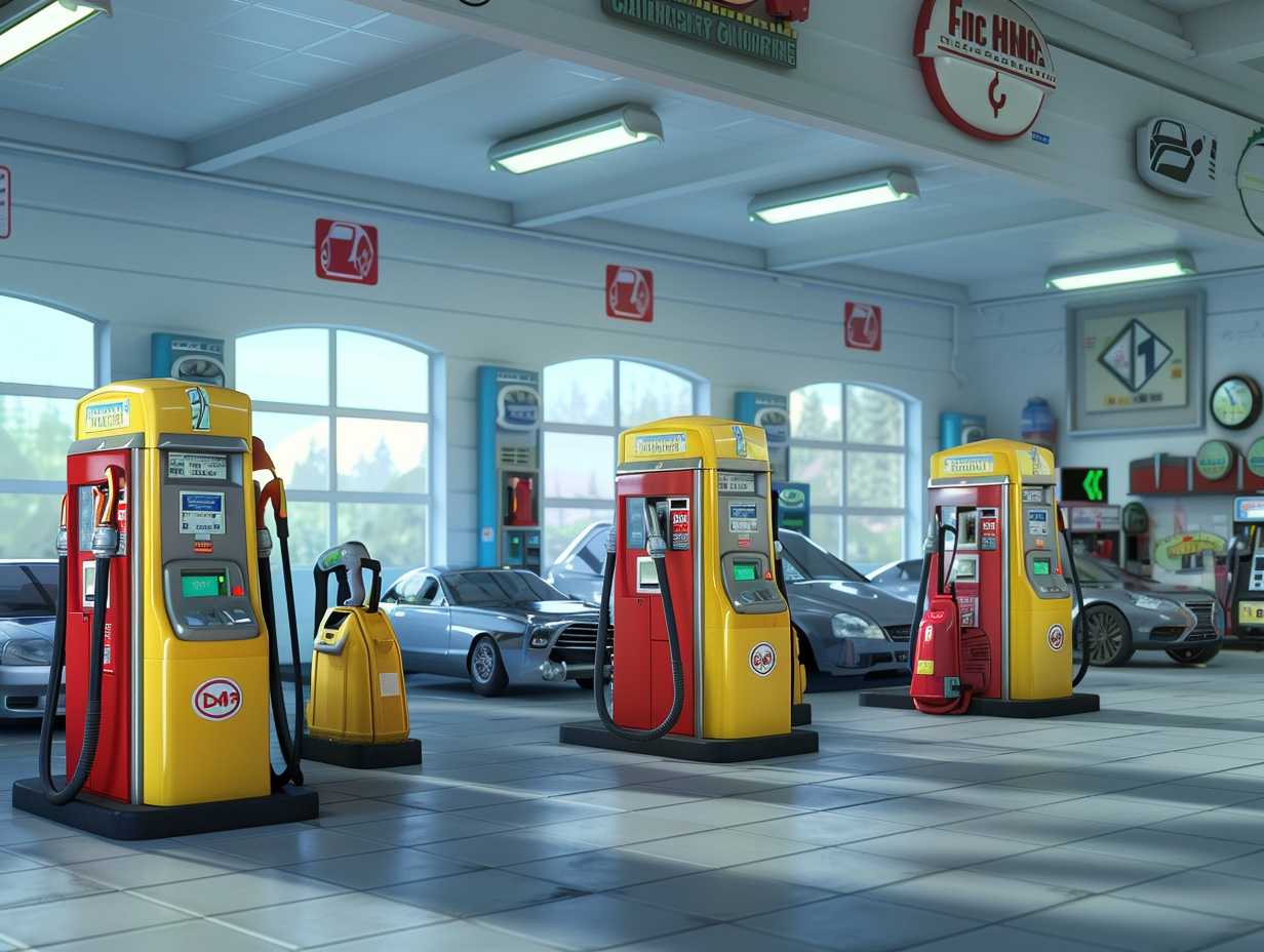 Gas station with multiple vacuum cleaners next to fuel pumps, with various cars in the background.