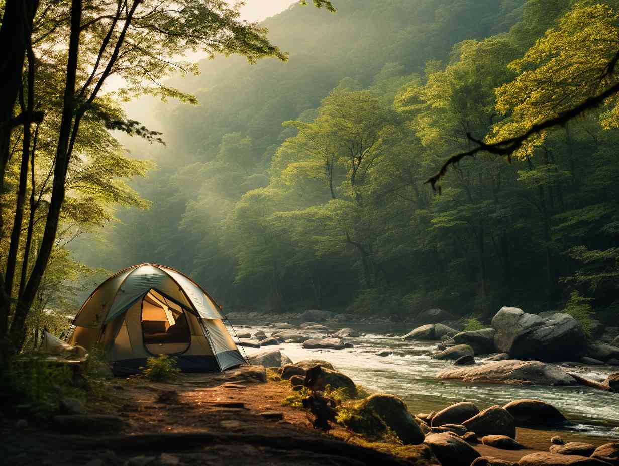 A serene campsite nestled in the lush forests of Great Smoky Mountains National Park with misty mountains in the background a tranquil river and a cozy tent beneath towering trees