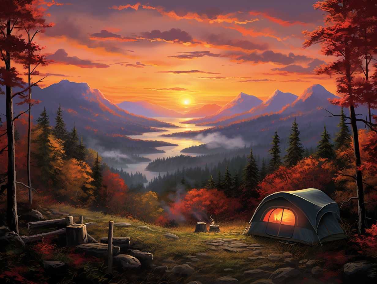 A serene campsite nestled among towering trees in the Great Smoky Mountains National Park with a breathtaking sunset casting a warm glow over the landscape