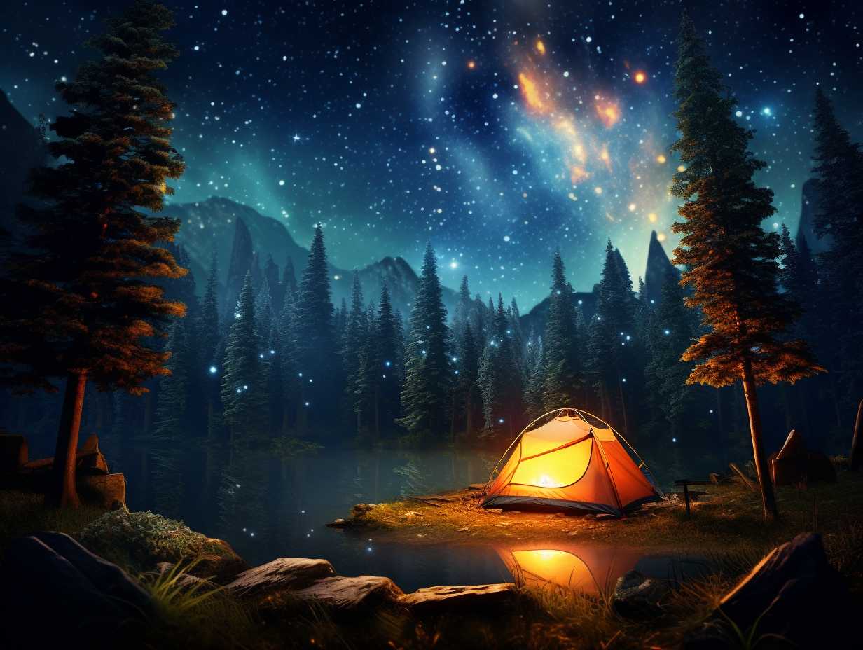 A cozy tent illuminated by a campfire in a dense forest under a starry night sky.