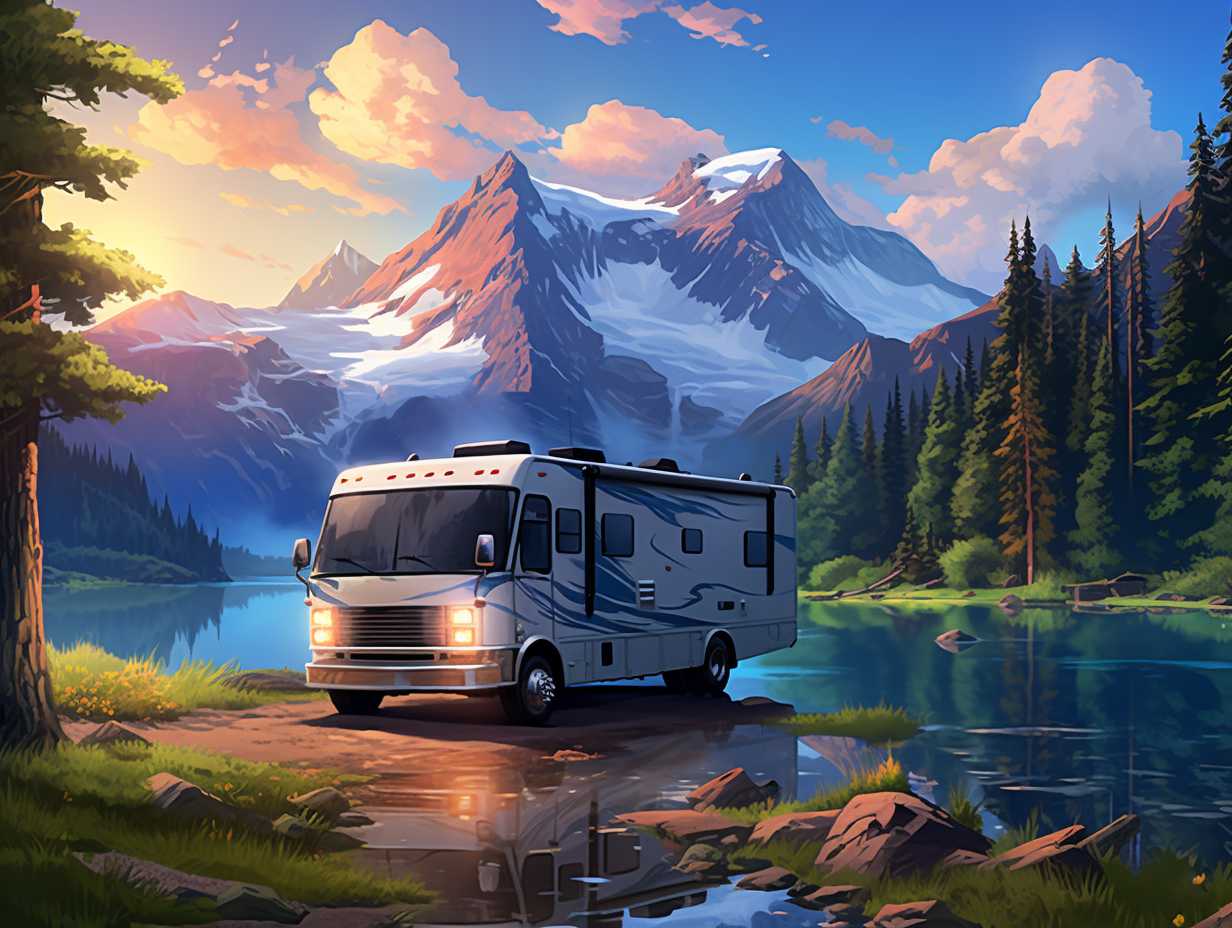 RV parked amidst lush forests and towering mountains with sparkling lakes in the background