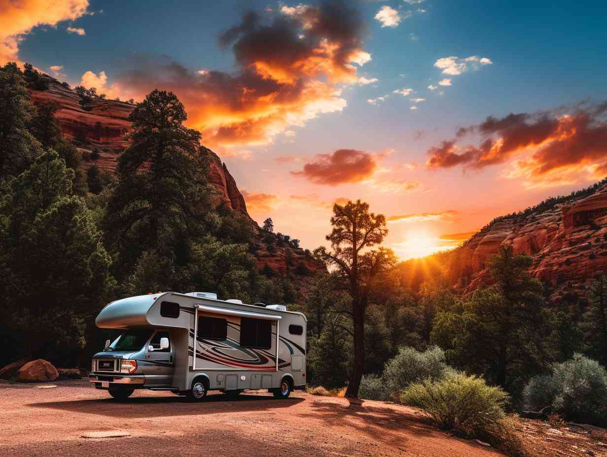 Breathtaking view of Grand Canyon National Parks RV camping sites with towering red cliffs and lush greenery